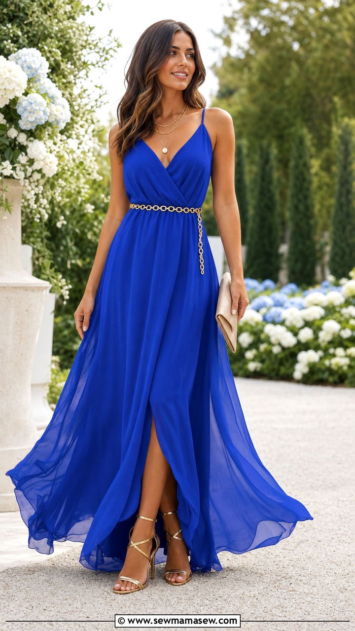 Royal Blue Maxi Dress With Gold Accessories - 35 Blue dress outfit ideas summer 2026