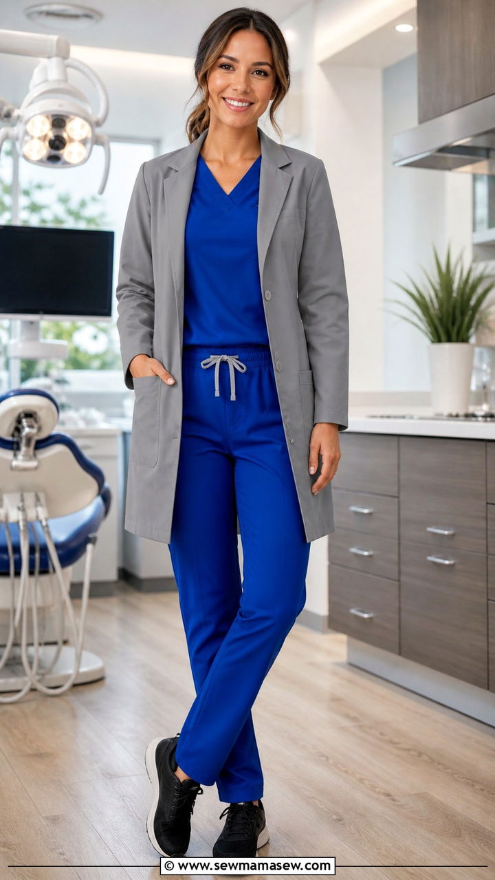 Royal Blue Scrub Set With Grey Lab Coat - 40 Dentist outfit ideas
