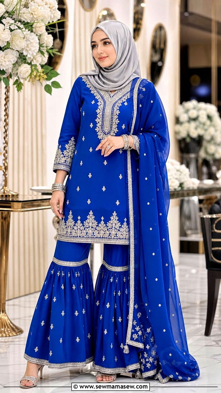 Royal Blue Sharara Set With Silver Work - 40 Eid outfit ideas for women