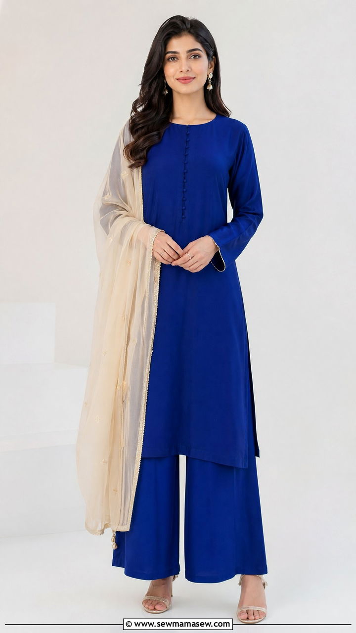 Royal Blue Straight Cut Suit with Palazzo Pants - 35 Eid outfit ideas for moms