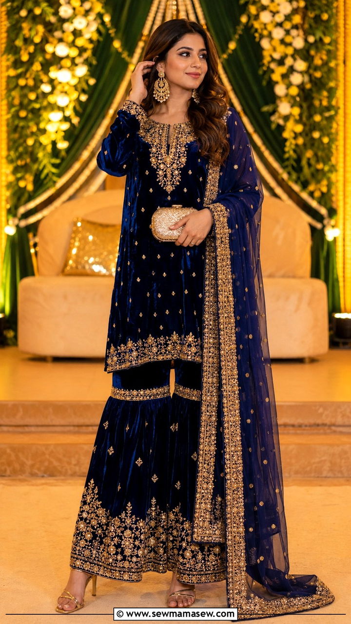 Royal Blue Velvet Sharara Set - 30 Mehndi outfit ideas