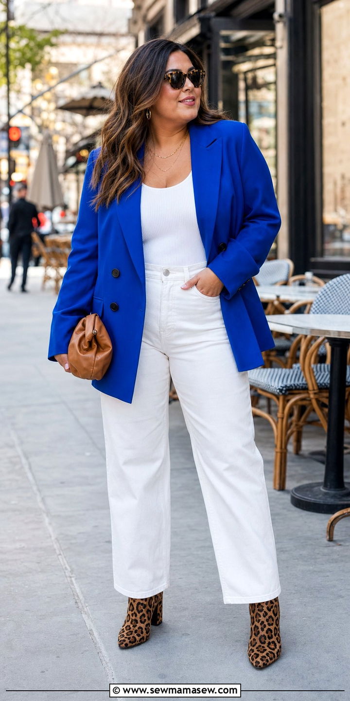 Royal blue blazer with white jeans - 35 Brunch outfits for midsize women