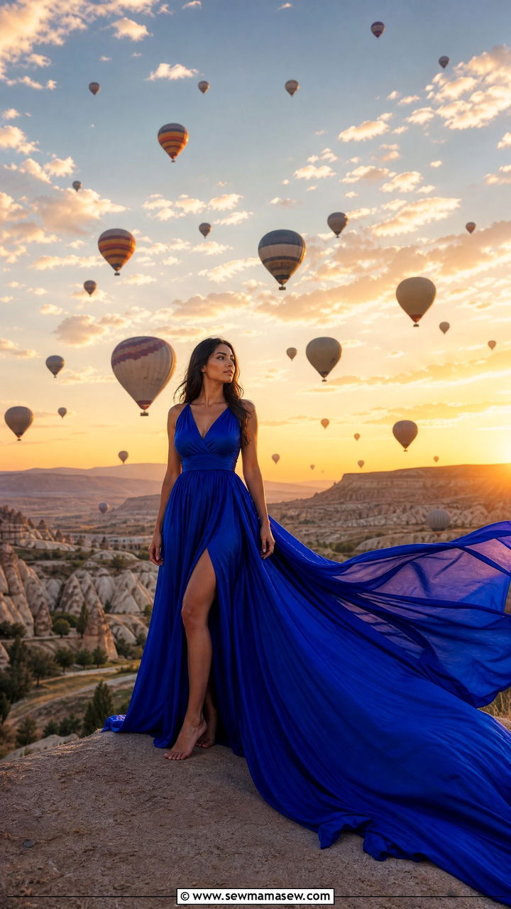 Royal blue flying dress Cappadocia photoshoot outfit - 25 Cappadocia outfit ideas