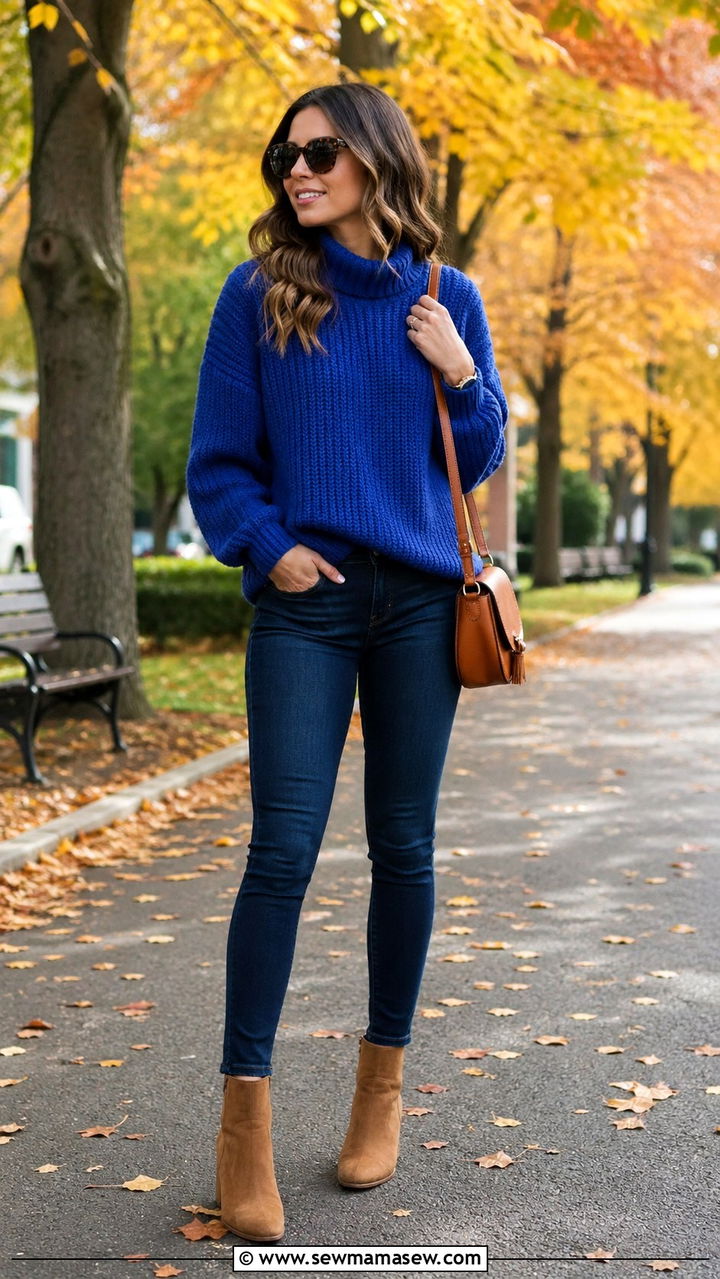 Royal blue sweater with jeans and ankle boots - 40 All royal blue outfit ideas