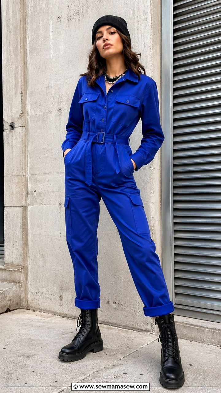 Royal blue utility jumpsuit with combat boots - 40 All royal blue outfit ideas