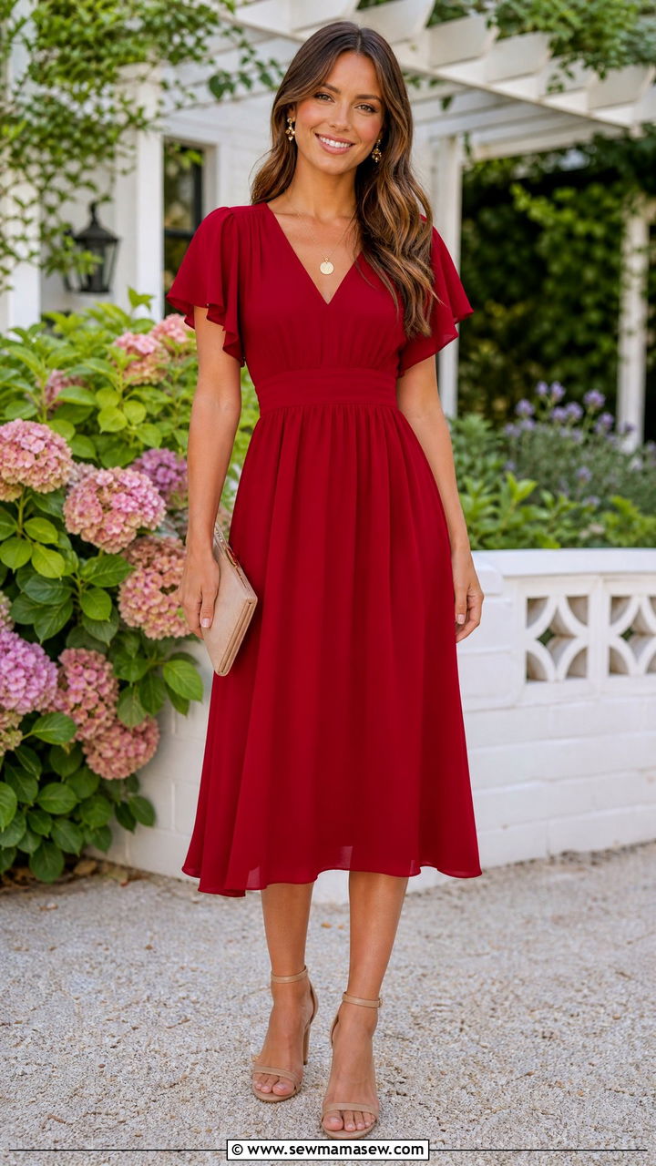 Ruby red midi dress and nude heels - 35 Jewel tone outfit ideas