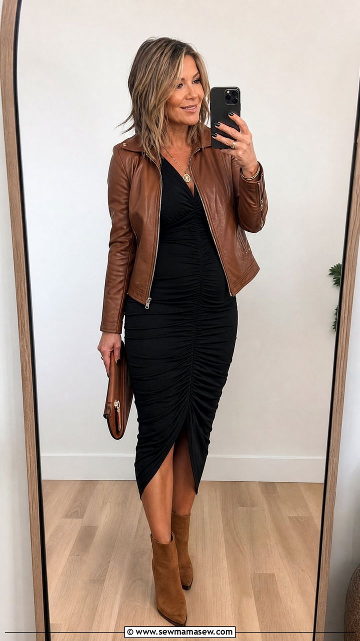 Ruched Black Midi Dress with Leather Jacket - 30 Concert outfit ideas for women over 40