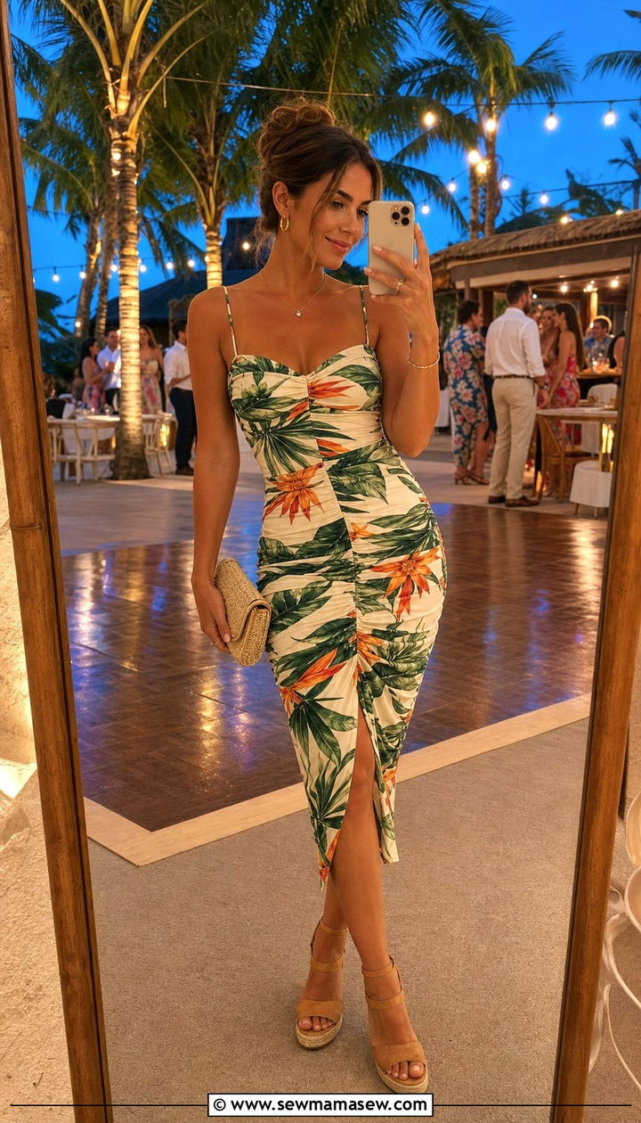 Ruched Bodycon Dress In Tropical Print With Wedges - 35 Beach wedding guest outfit ideas