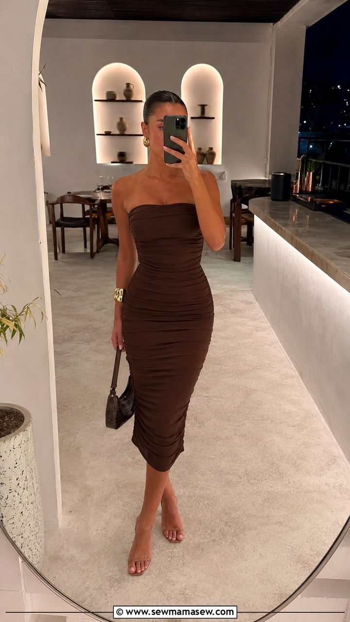 Ruched Bodycon Midi Dress with Minimal Heels - 30 Resort wear outfit ideas Bali
