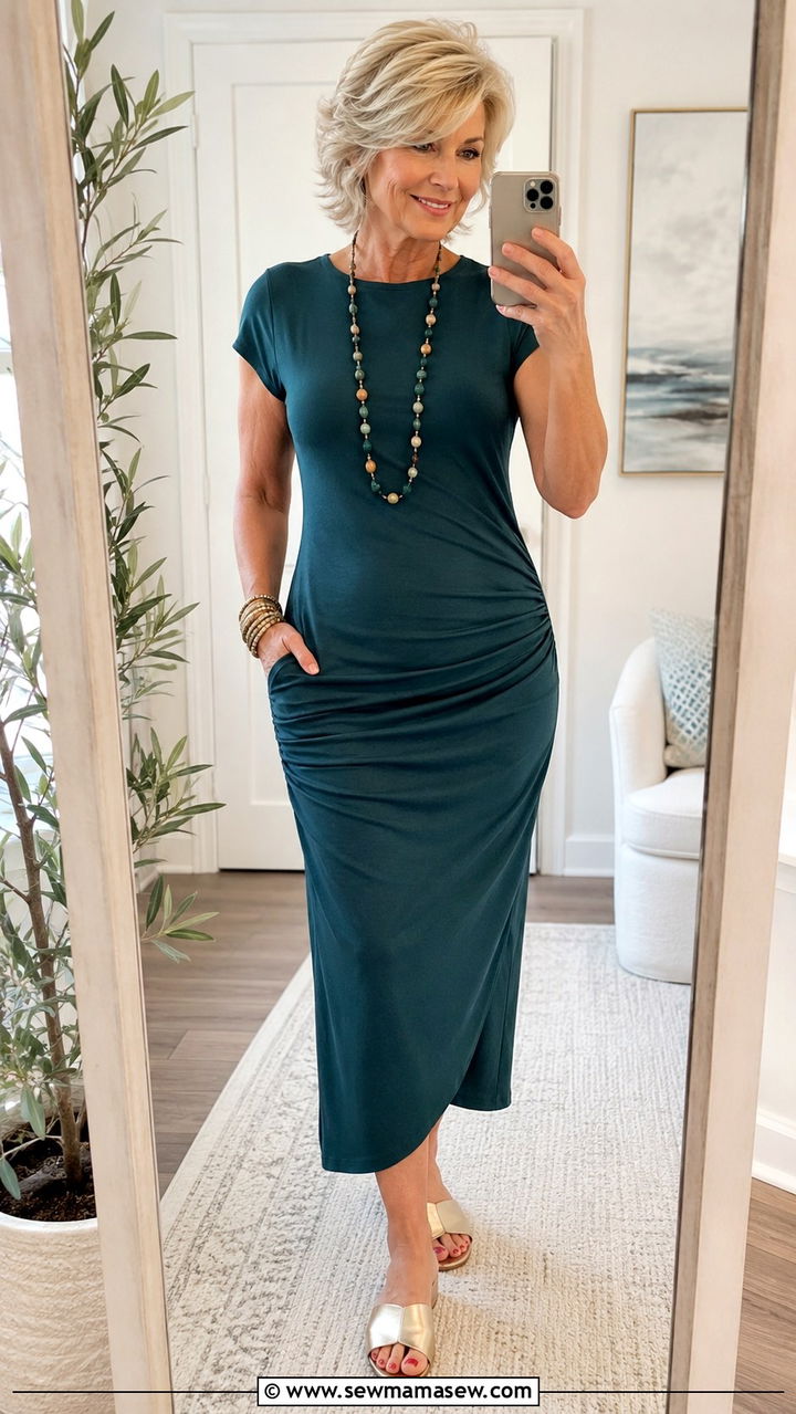 Ruched Knit Midi Dress With Slide Sandals - 20 Apple shape outfits for women over 60