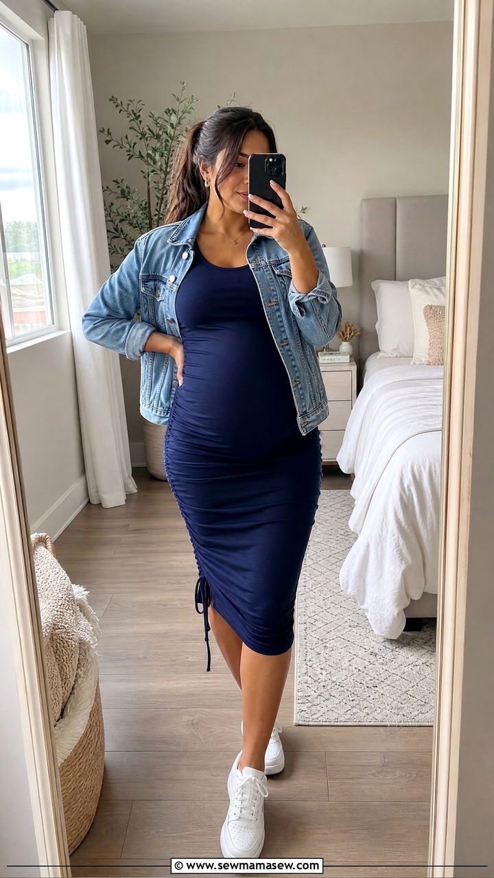 Ruched Midi Bodycon Dress with a Relaxed Denim Jacket - 20 Postpartum outfit ideas still looks pregnant