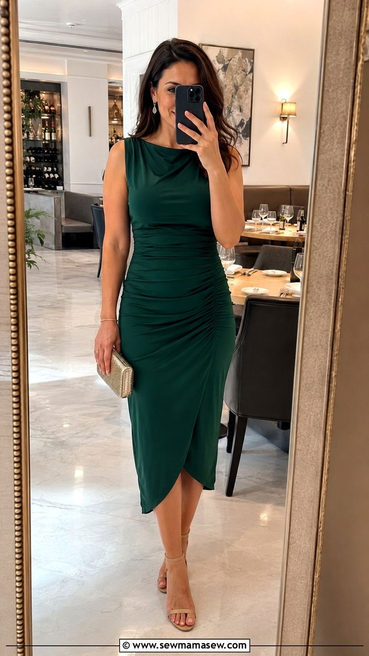 Ruched Midi Dress With Ankle Strap Heels Outfit - 25 Outfits to hide muffin top