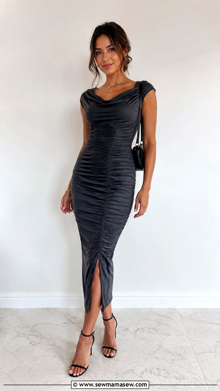 Ruched Midi Dress With Ankle Strap Heels - 20 Outfit ideas to hide love handles