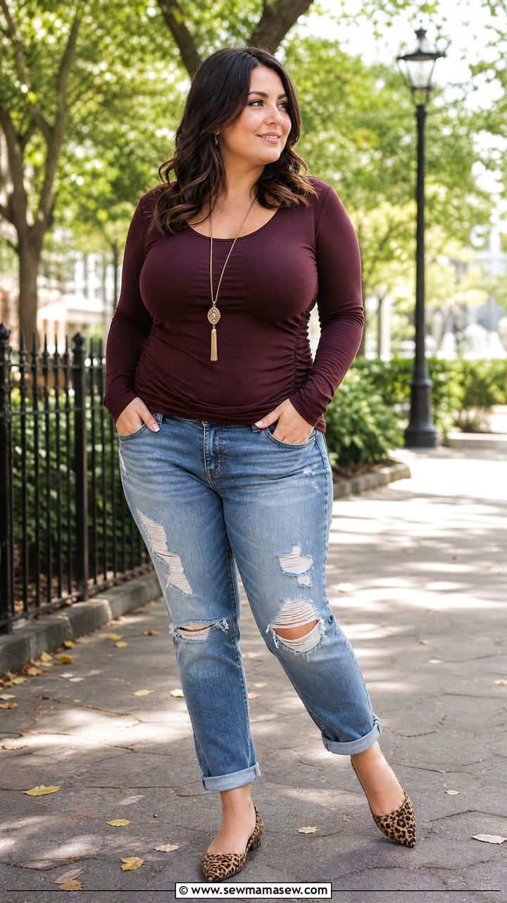 Ruched Side Long Sleeve Tee With Distressed Boyfriend Jeans - 25 casual outfits for women with big bust
