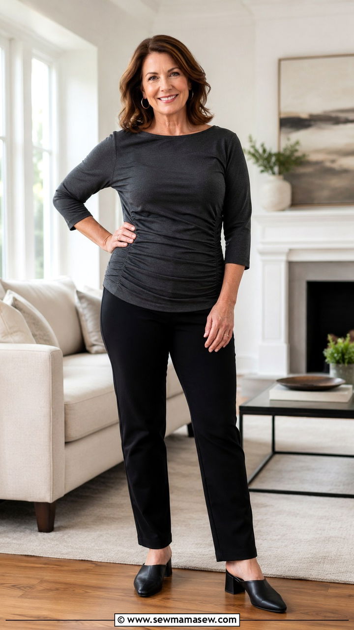 Ruched Top with Ponte Pants - 20 Outfit ideas for menopause belly