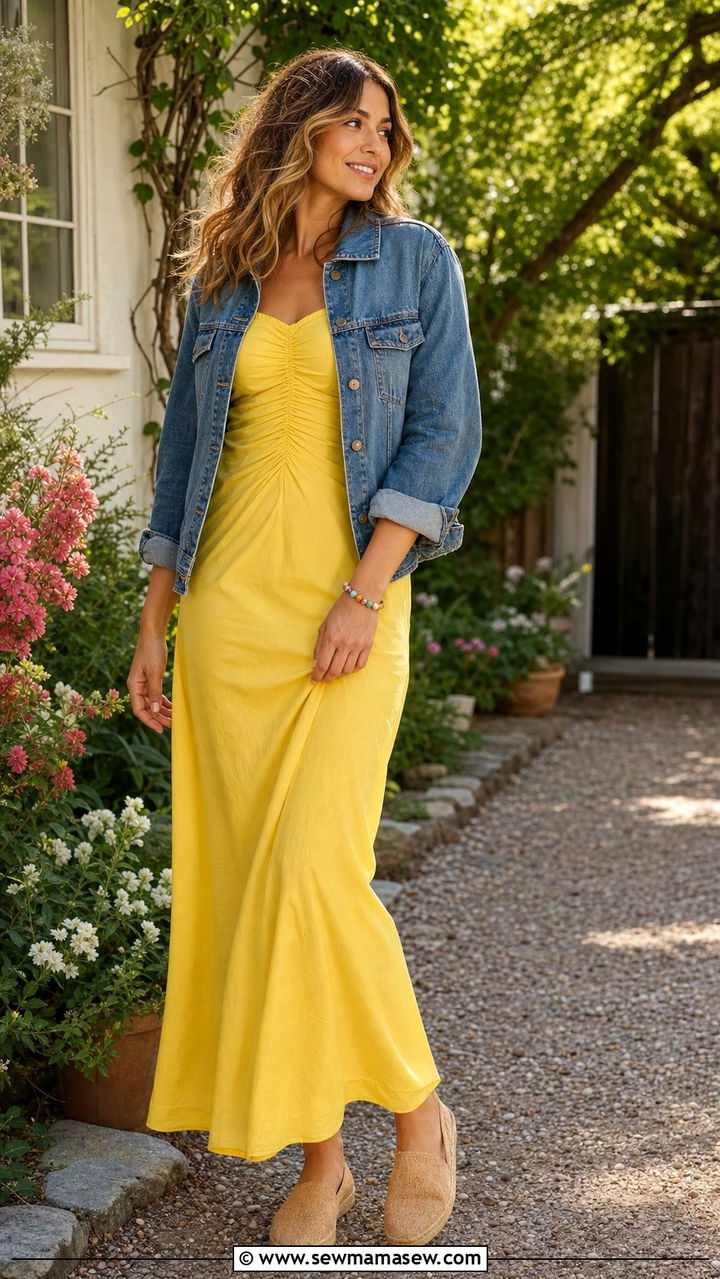 Ruched maxi dress with a worn denim jacket - 25 Spring at home outfit ideas