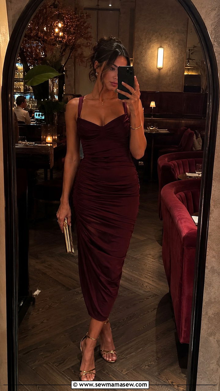 Ruched midi dress with metallic clutch - 25 Birthday dinner outfit ideas for women over 40