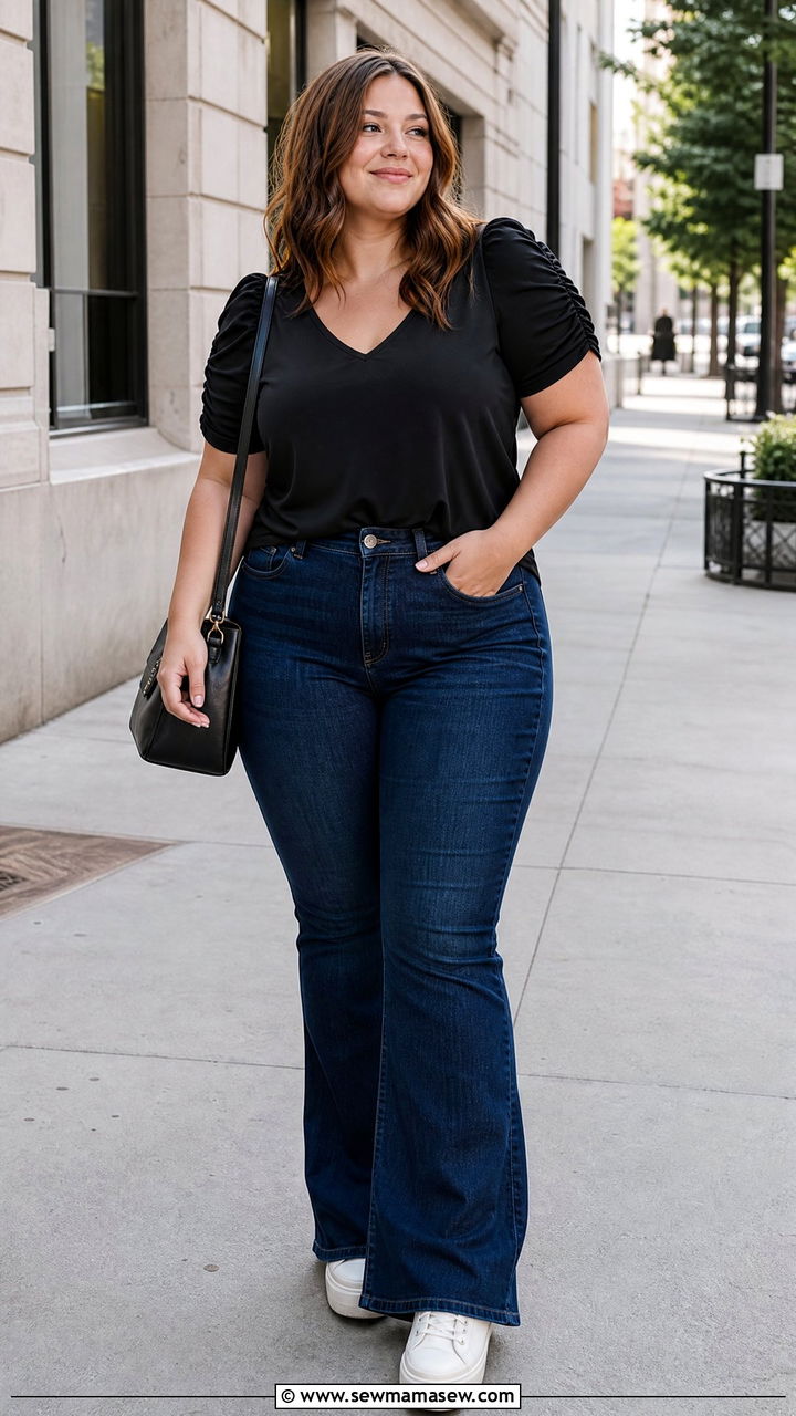 Ruched sleeve top with flare jeans - 25 Flattering outfits for big arms