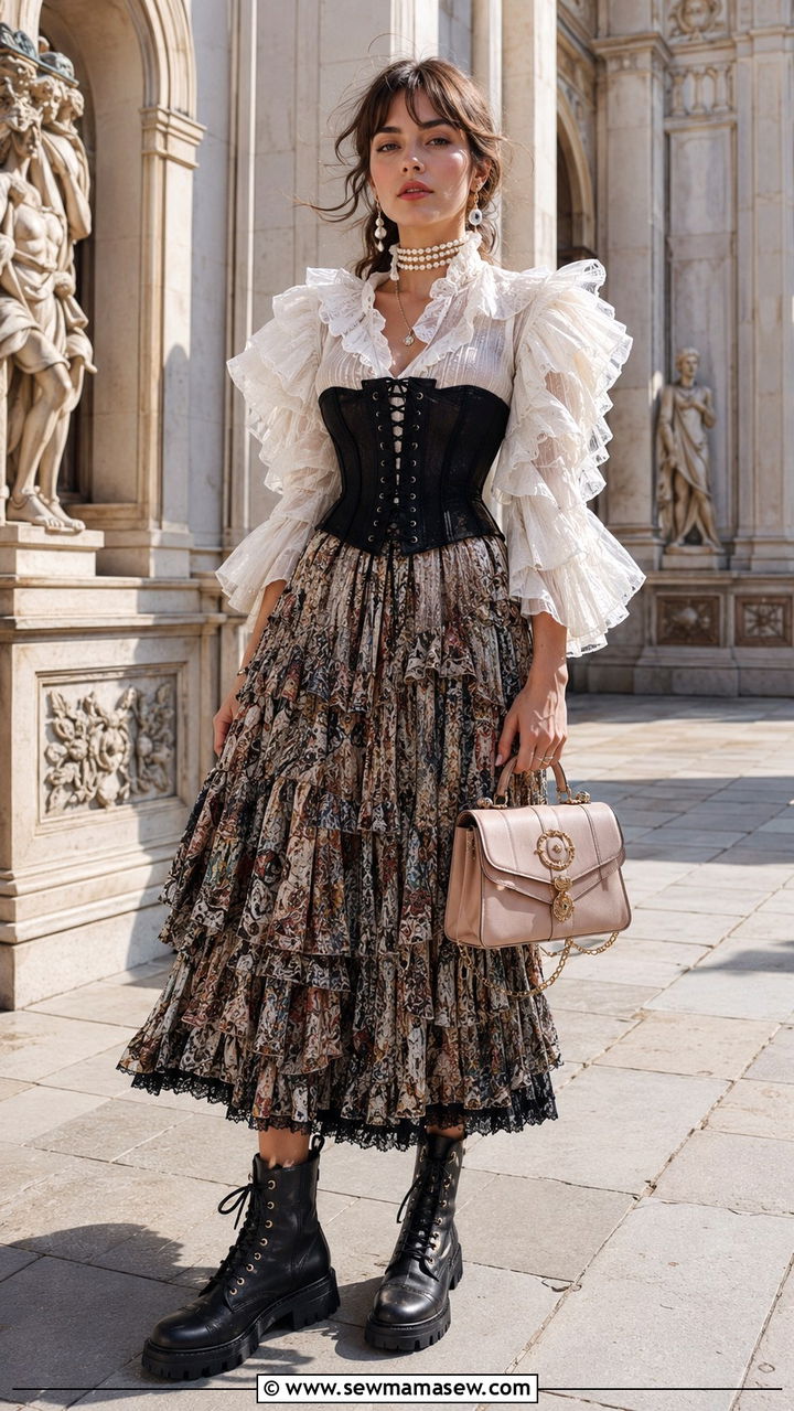 Ruffle Blouse Corset And Combat Boots Maximalist Outfit - 20 cute maximalist outfits