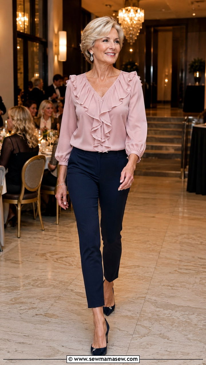 Ruffle Blouse With Ankle Pants - 30 Night out outfit ideas women over 60