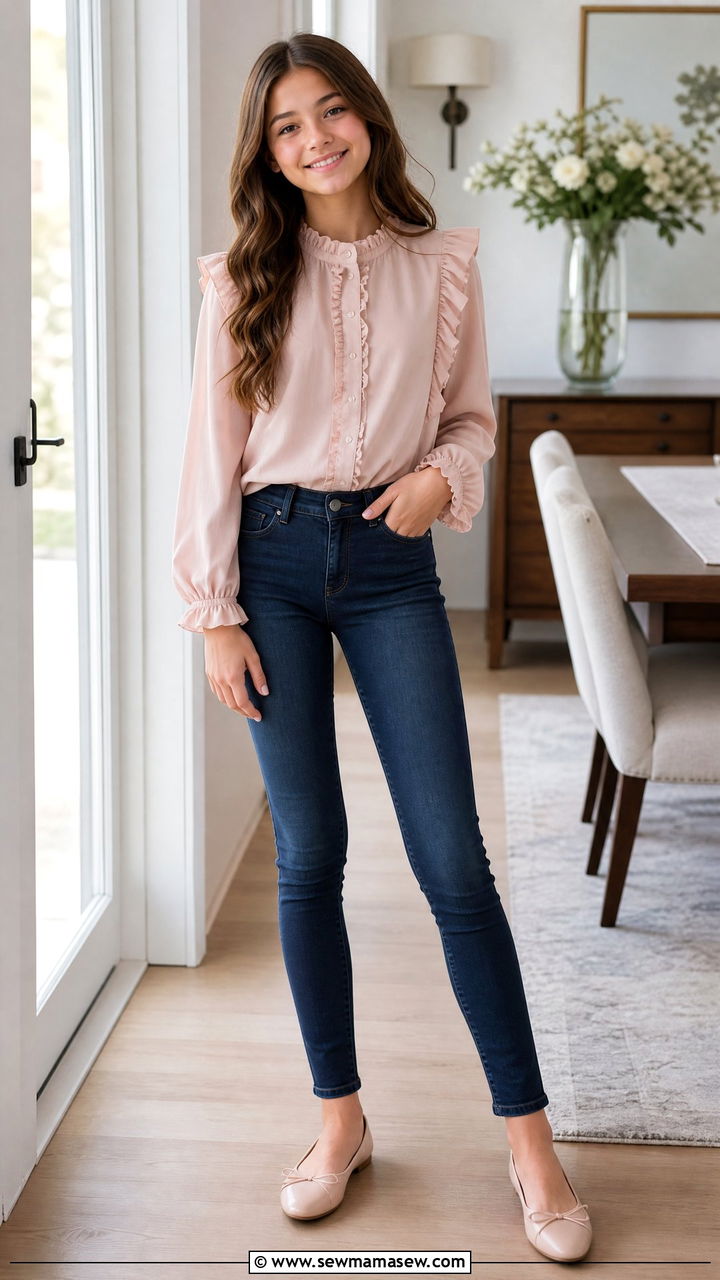 Ruffle Blouse With Dark Wash Jeans - 30 Cute outfits for 13 year olds