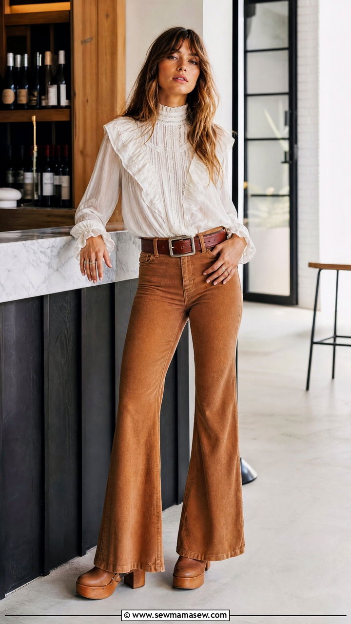 Ruffle Blouse With Flared Trousers And Clogs - 25 Free People boho outfit ideas