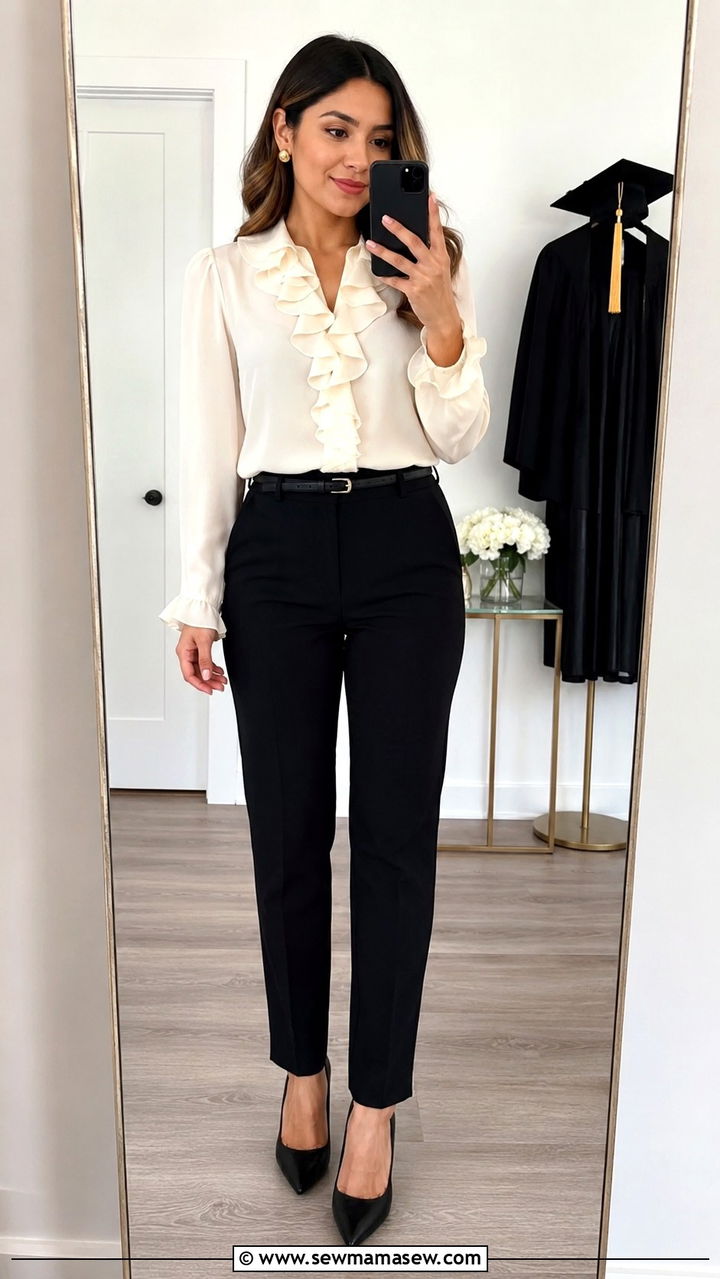 Ruffle Blouse and Straight Leg Pants Graduation Outfit - 30 MBA graduation outfit ideas