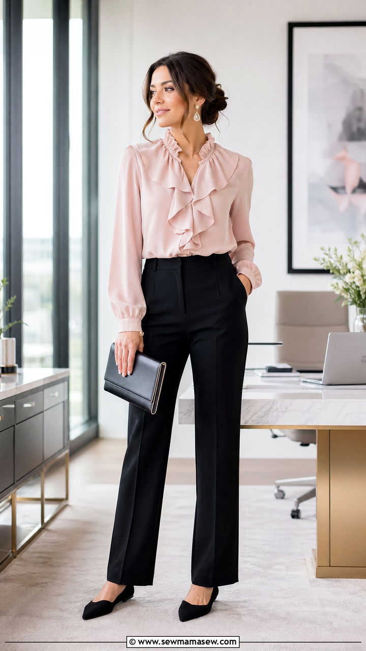 Ruffle Blouse and Trousers Outfit - 35 easy outfit ideas for women