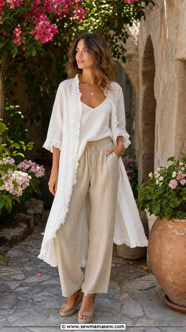 Ruffle Button Down Cover Up With Linen Trousers and Wedges - 35 Button down cover up outfit ideas
