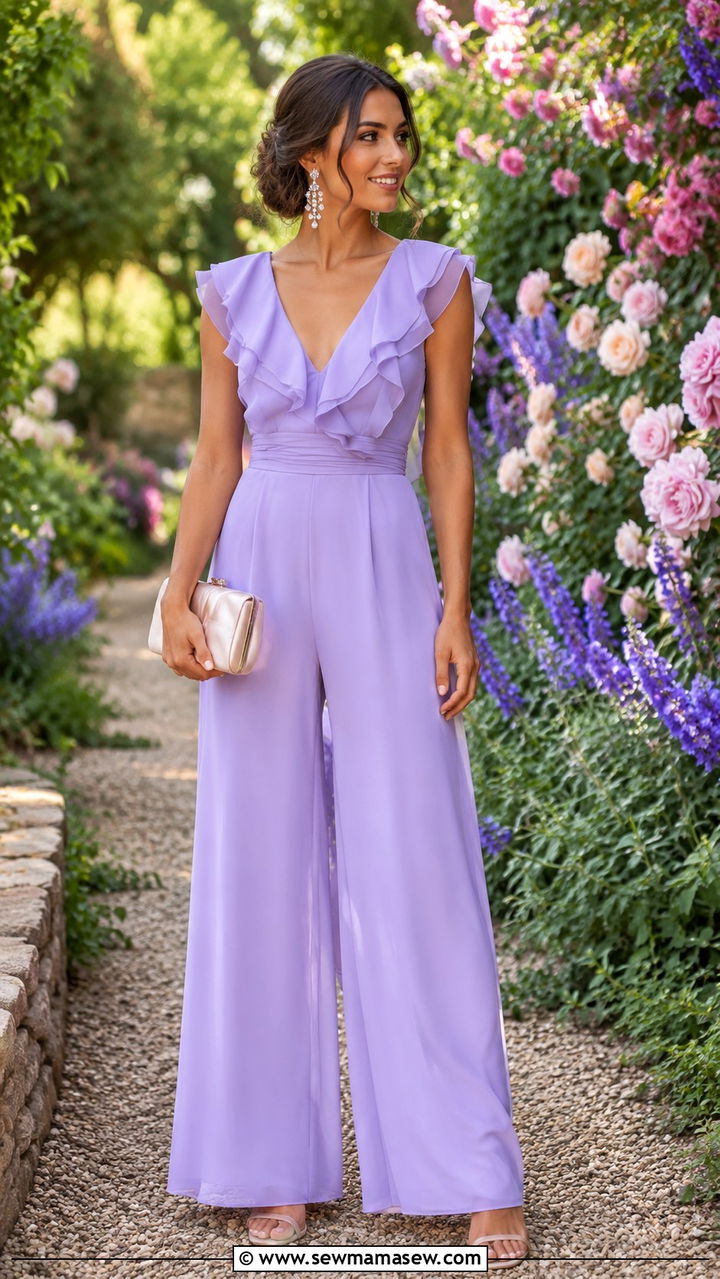 Ruffle Jumpsuit With Drop Earrings For Spring Garden Wedding - 30 Jumpsuit outfit ideas for wedding guest