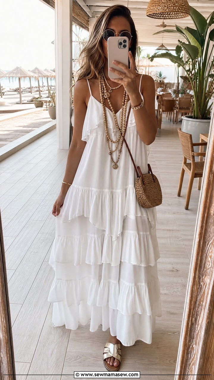 Ruffle Maxi Dress With Beaded Necklaces - 30 Maxi dress for beach outfit ideas