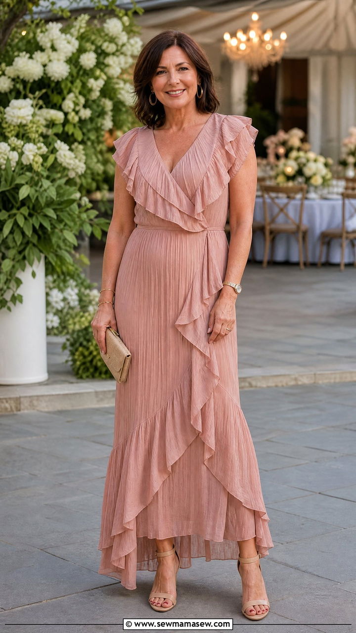 Ruffle Maxi Dress With Block Heel Sandals - 30 Maxi dress for women over 40 outfit ideas