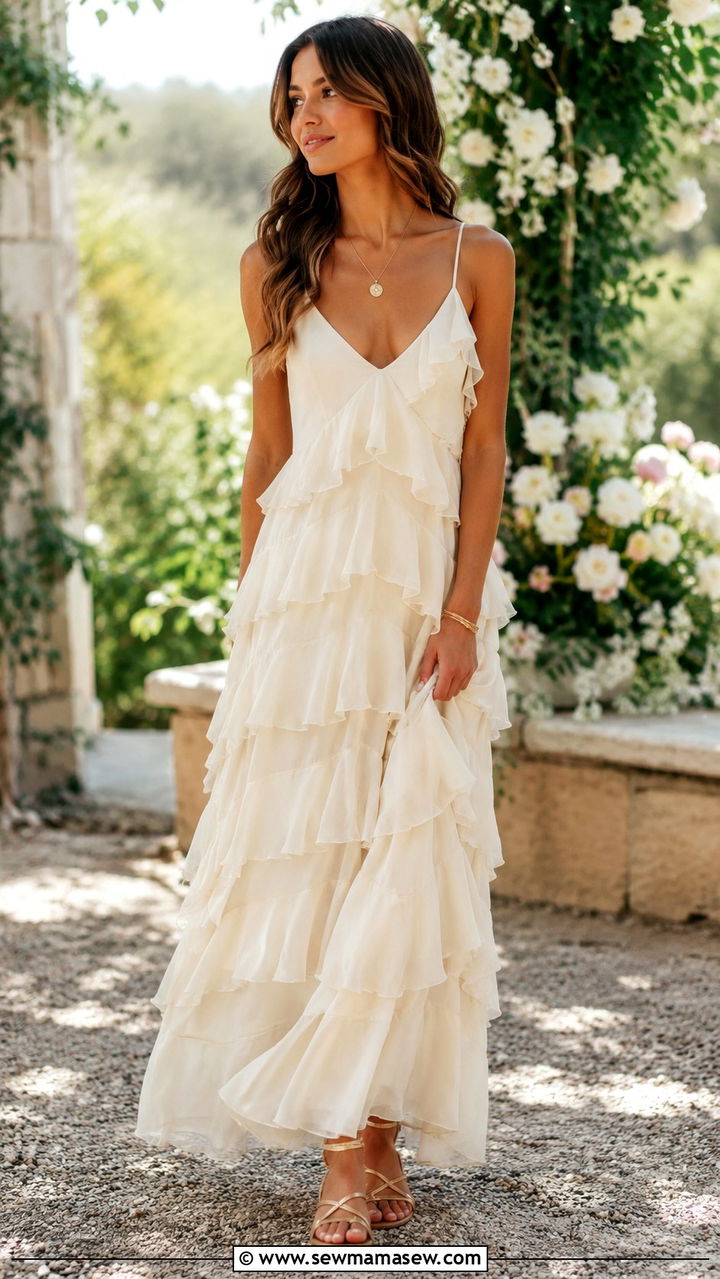 Ruffle Maxi Dress and Strappy Sandals - 20 Boho outfit ideas Sienna Miller style