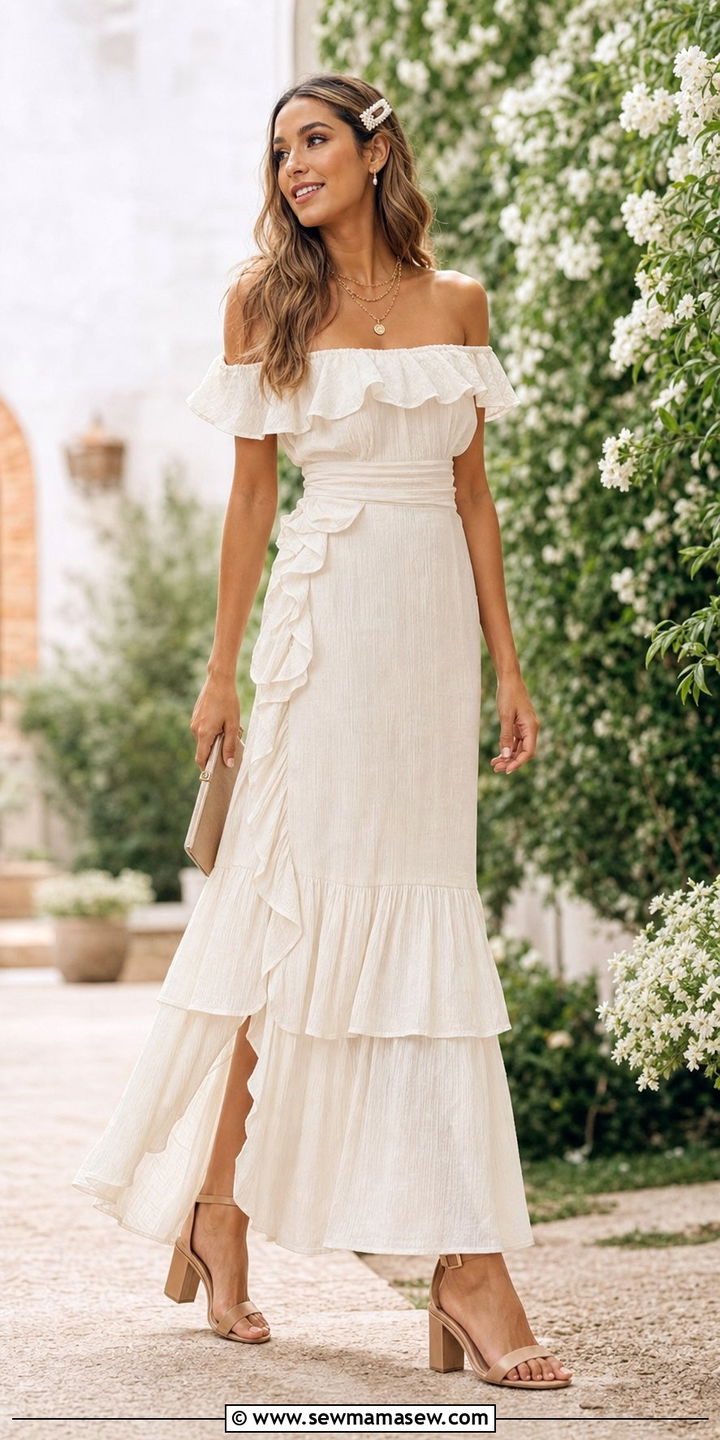 Ruffle Maxi Dress with Layered Gold Jewelry - 35 Boho wedding guest outfits