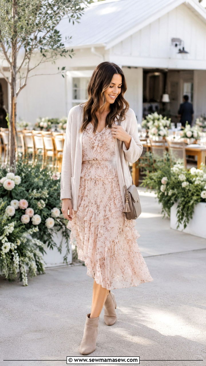 Ruffle Midi Dress with Knit Cardigan - 30 Midi dress with cardigan outfit ideas