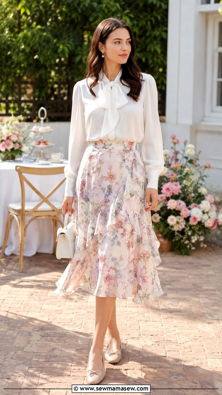 Ruffle Midi Skirt with Tucked In Blouse and Ballet Flats - 30 How to style a midi skirt in summer