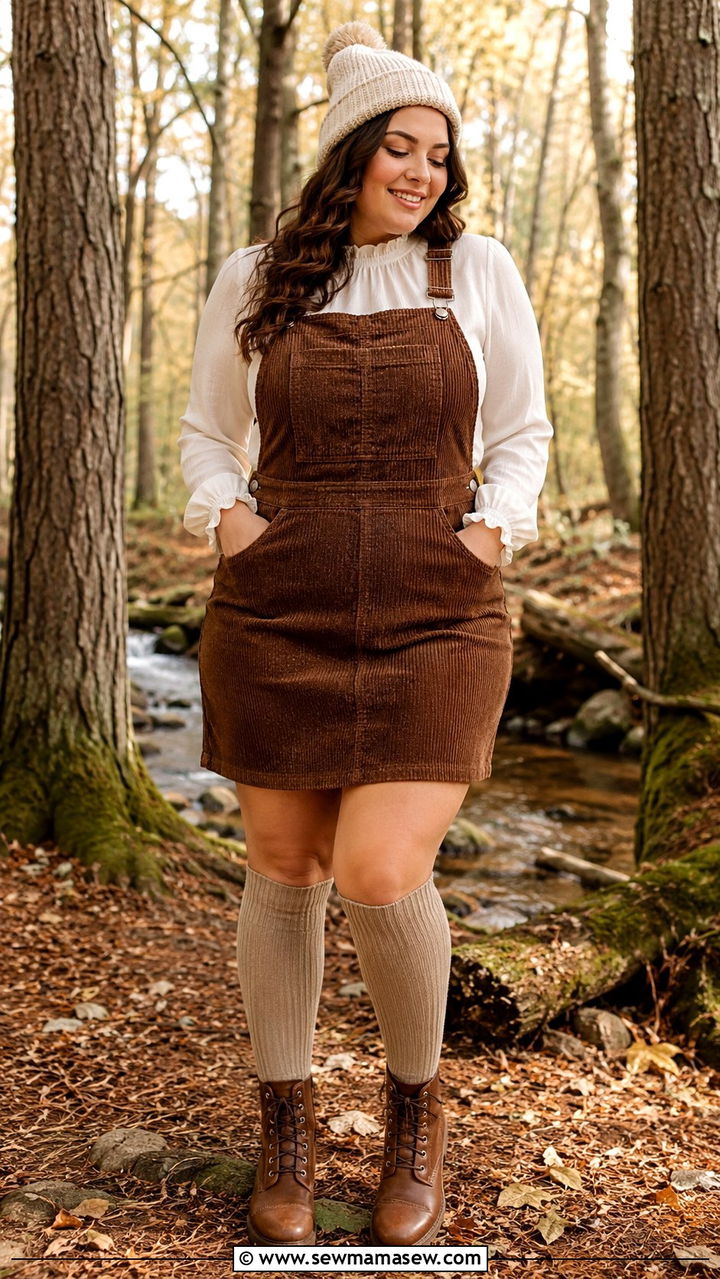 Ruffle Neck Blouse With Brown Corduroy Overall Dress - 20 Cottagecore outfits for pear shape