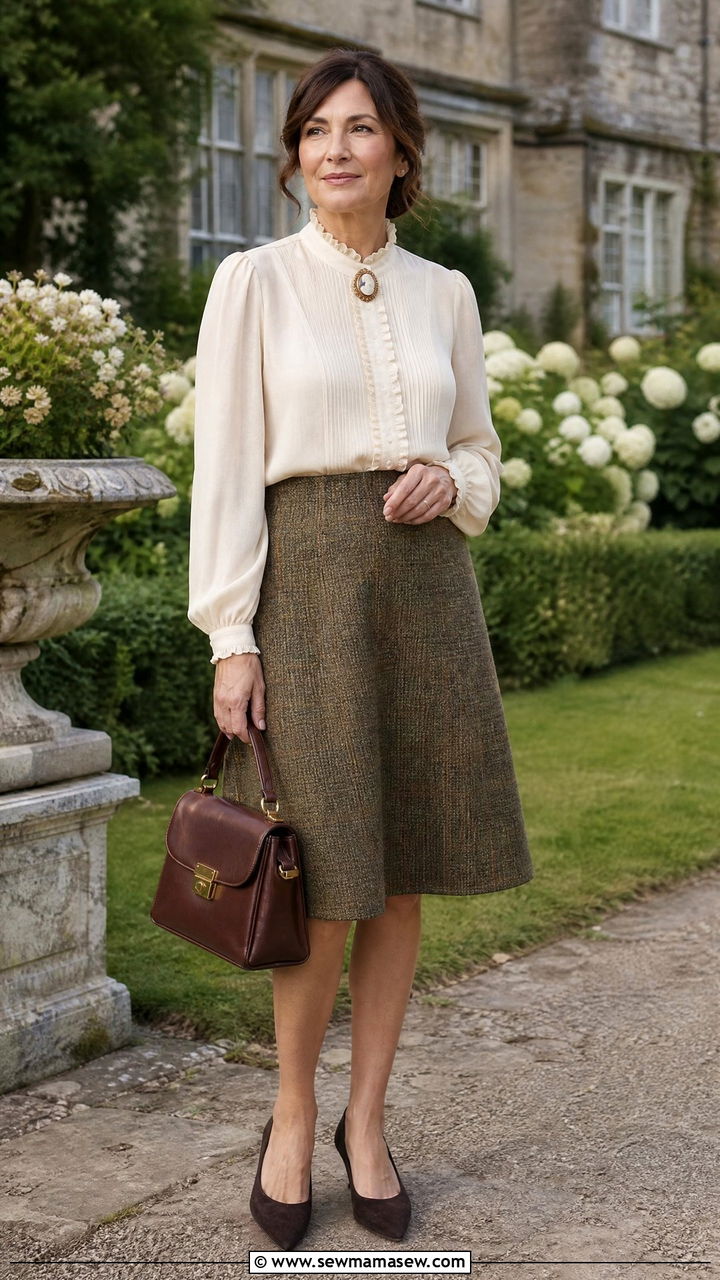 Ruffle Neck Blouse With Tweed Skirt - 30 cottagecore outfit ideas for women over 40