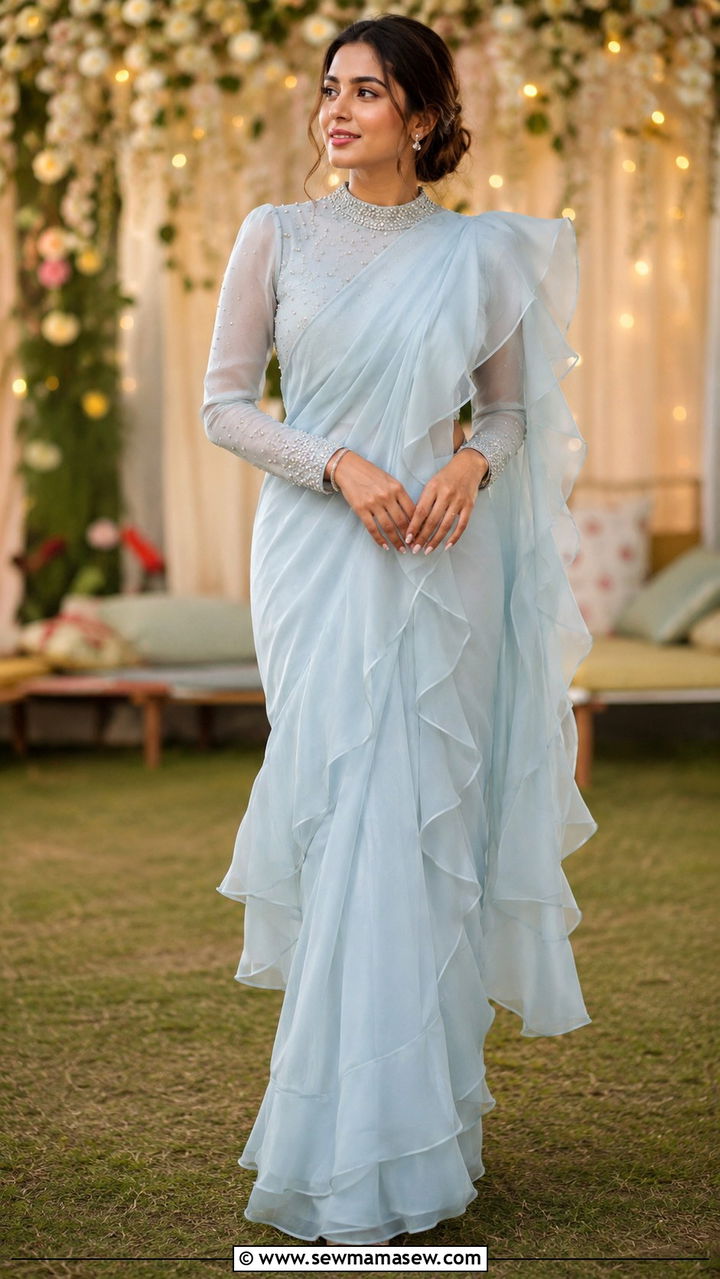 Ruffle Saree with Full Sleeve Blouse - 20 Modest outfit ideas for Henna night