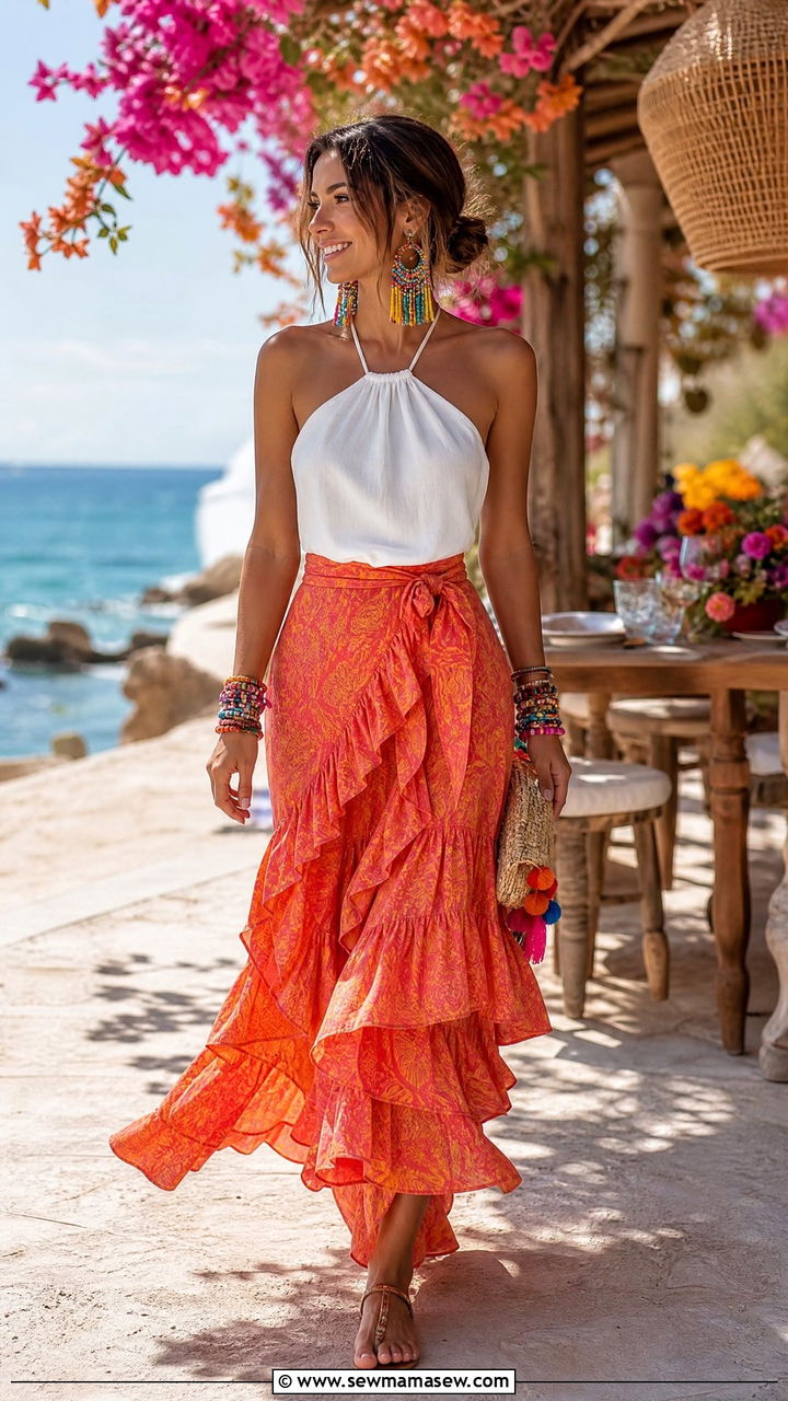 Ruffle Skirt With Halter Top - 30 summer mexico vacation outfit ideas