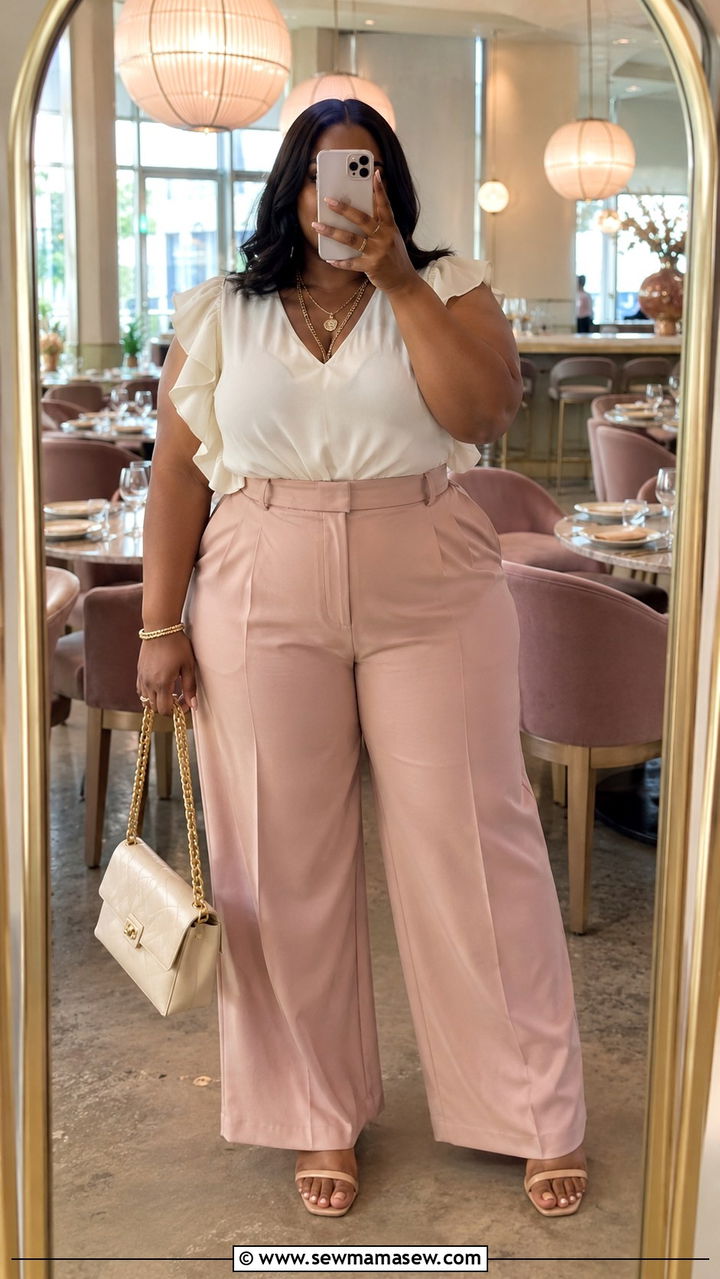 Ruffle Sleeve Blouse With Wide Leg Trousers - 30 Plus size outfit ideas for baby shower
