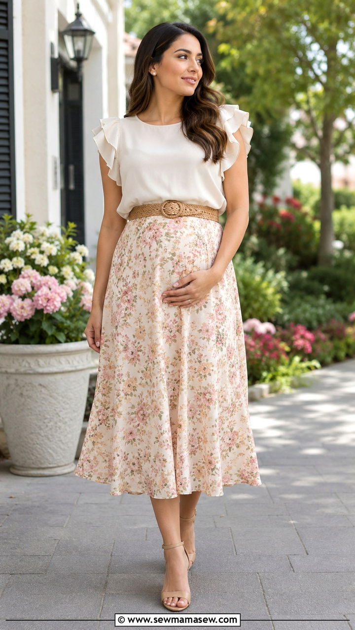 Ruffle Sleeve Blouse with A Line Midi Skirt - 25 modest baby shower outfit ideas