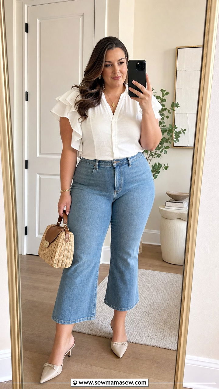 Ruffle Sleeve Top And High Waisted Cropped Jeans - 35 Brunch outfits for curvy women