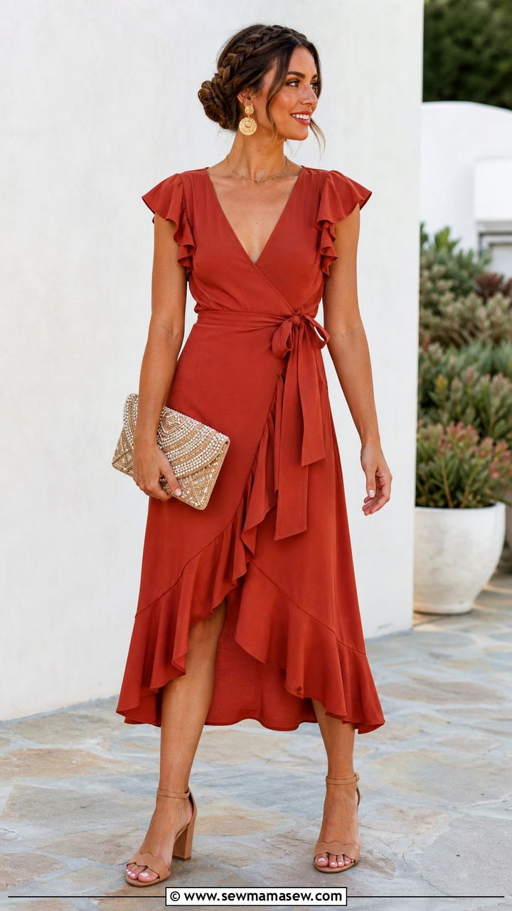 Ruffle Sleeve Wrap Dress with Beaded Clutch - 35 Boho wedding guest outfits