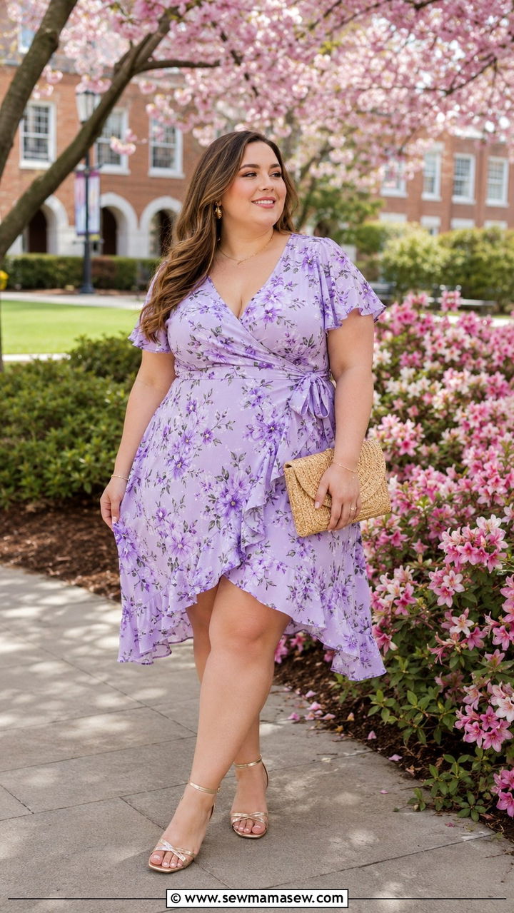 Ruffle Wrap Dress With Strappy Sandals And Straw Clutch - 30 Plus size outfit ideas for college