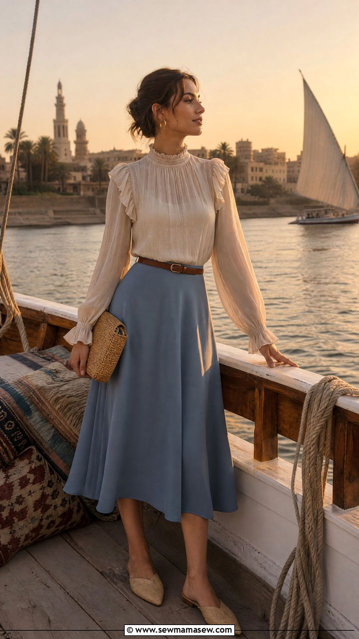 Ruffle blouse and midi skirt Egypt - 30 Egypt vacation outfit ideas modest