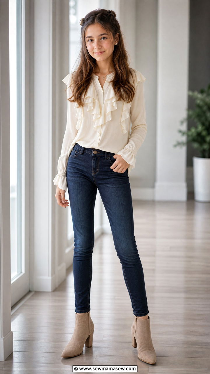 Ruffle blouse with dark wash jeans outfit - 25 High school picture day outfit ideas