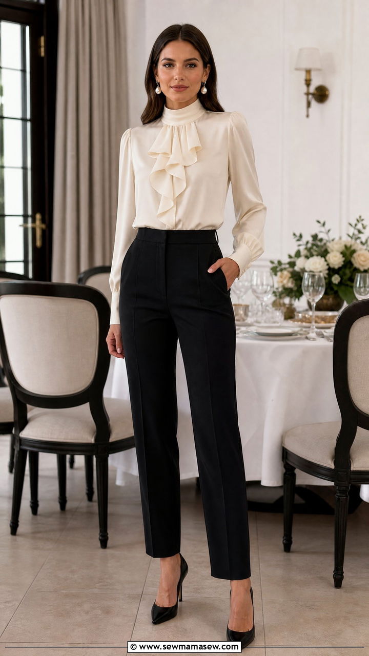 Ruffle blouse with tailored high waist trousers - 30 summer office party outfit ideas
