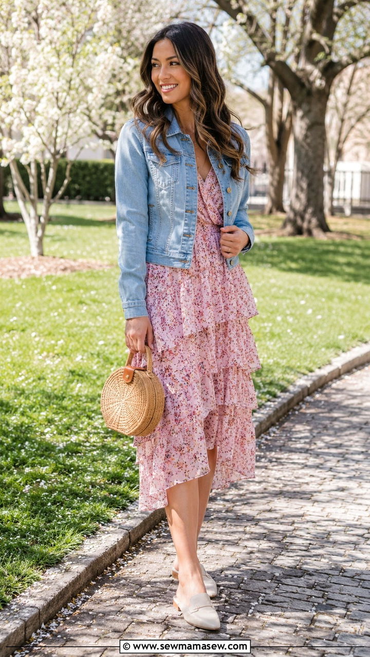Ruffle midi dress with a denim jacket and flat mules - 30 Midi dress outfit ideas with a denim jacket