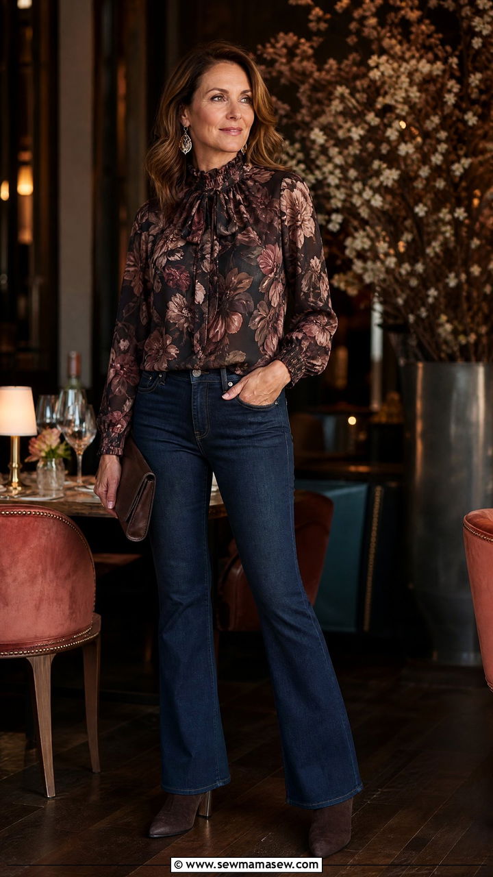 Ruffle neck blouse with bootcut jeans - 35 Jeans outfit ideas for women over 40